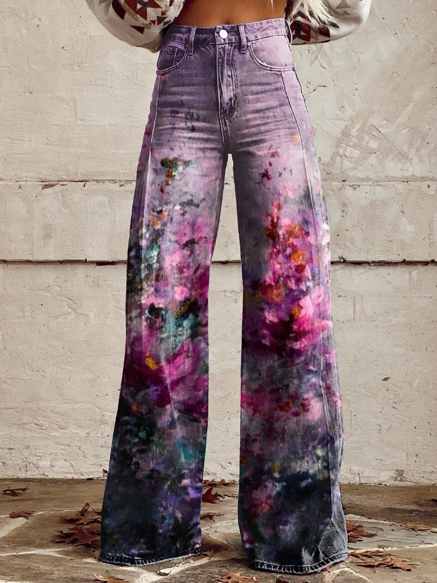 Vintage Floral Art Casual Wide-Leg Pants