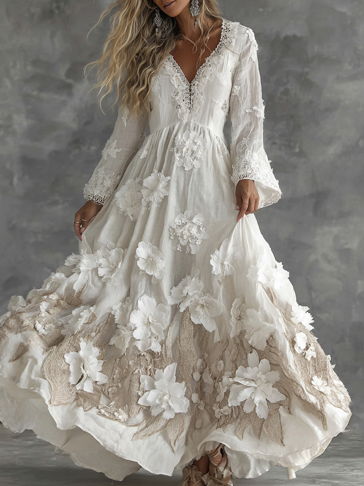 Women's Vintage Flowers Embroidery Art V-neck Maxi Dress