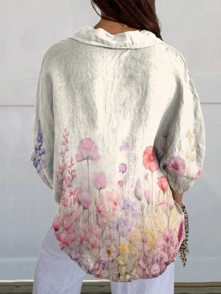 Pink Floral Print On Hem Casual Linen V-neck Shirt