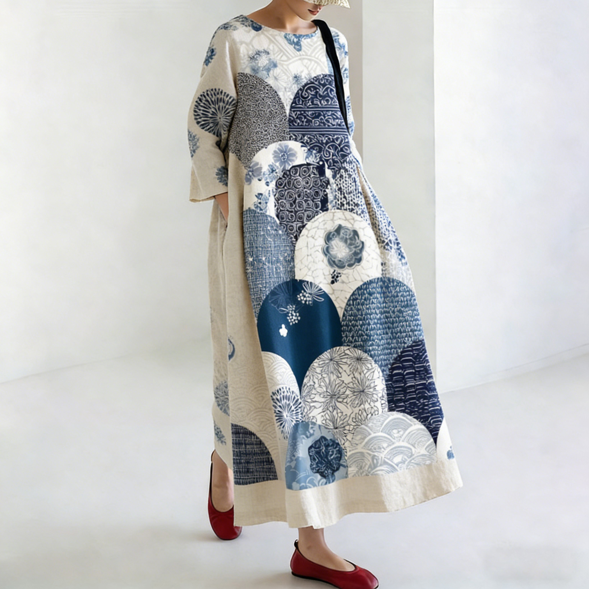 Japanese-style Linen Dress With Geometric & Floral Patterns