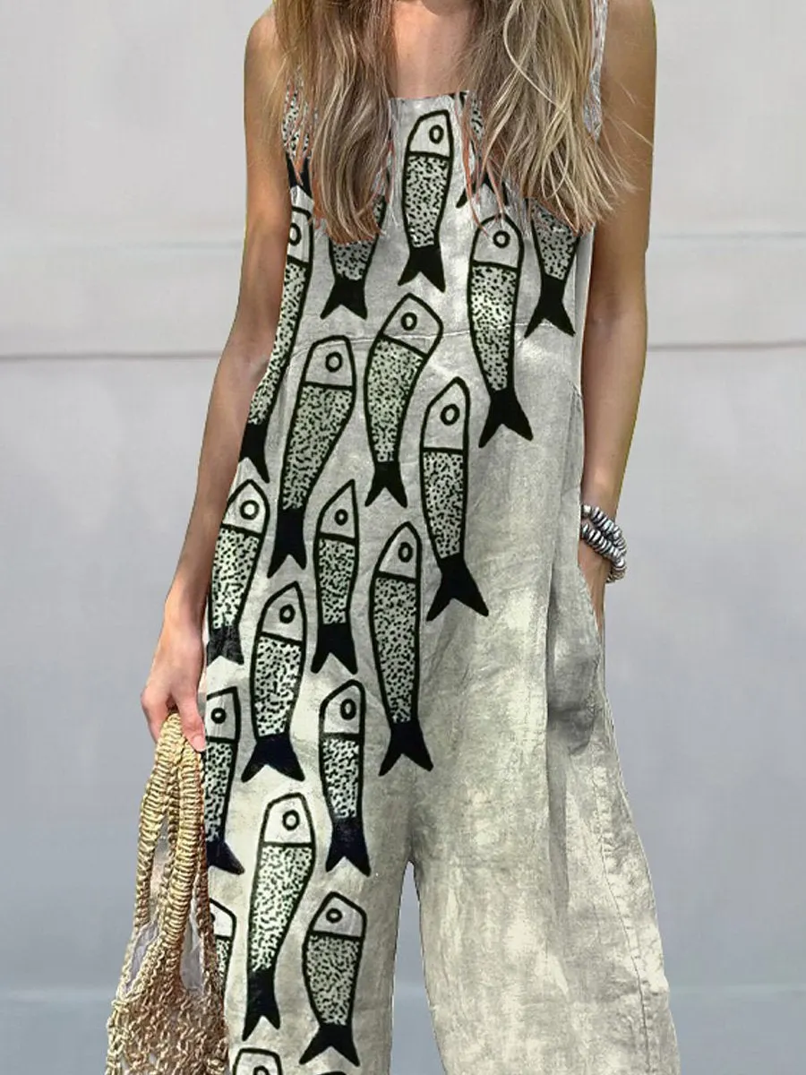 Be The Unique Fish Art Printed Women's Casual Wide-Leg Jumpsuit