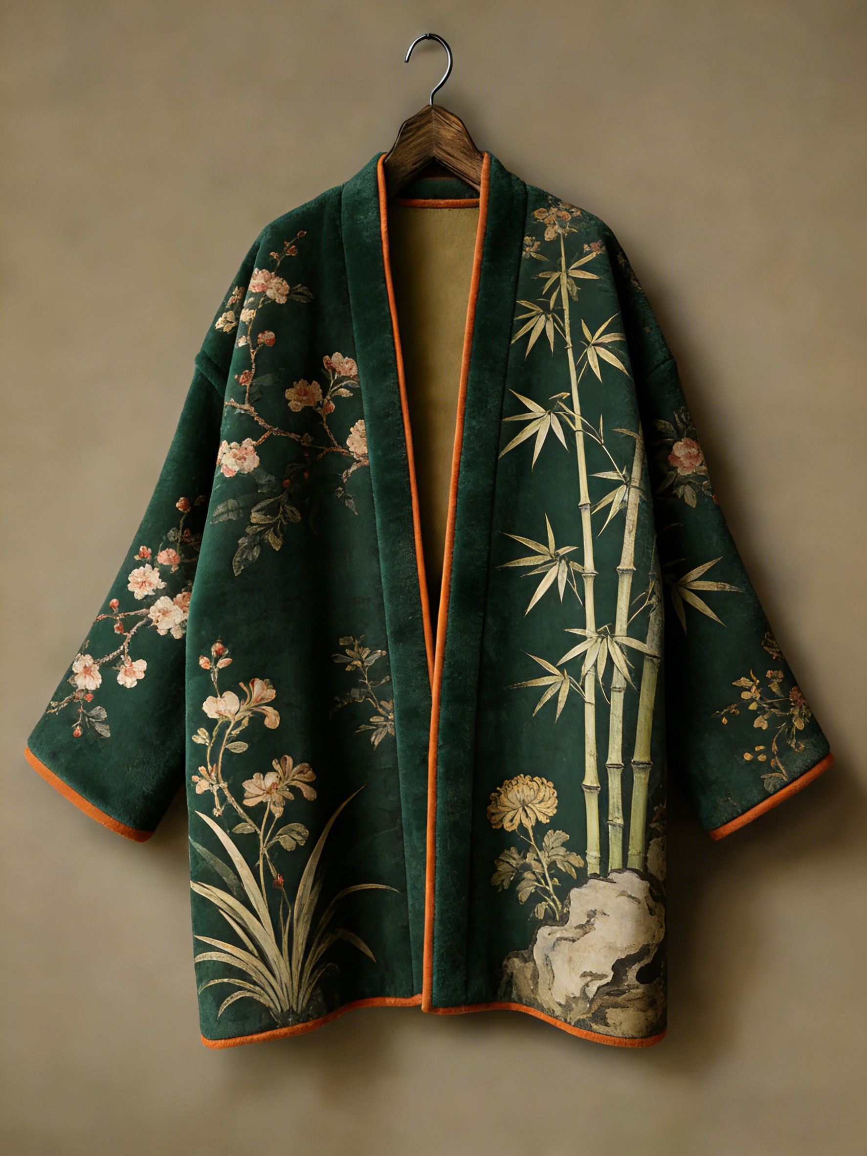 Oriental aesthetic printed flannel embroidered kimono cardigan