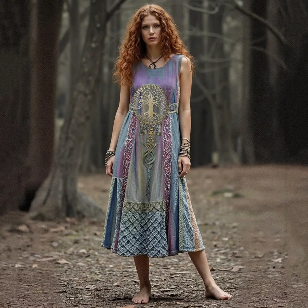 Vintage Tribal Life Of Tree Patchwork Art Tank Dress