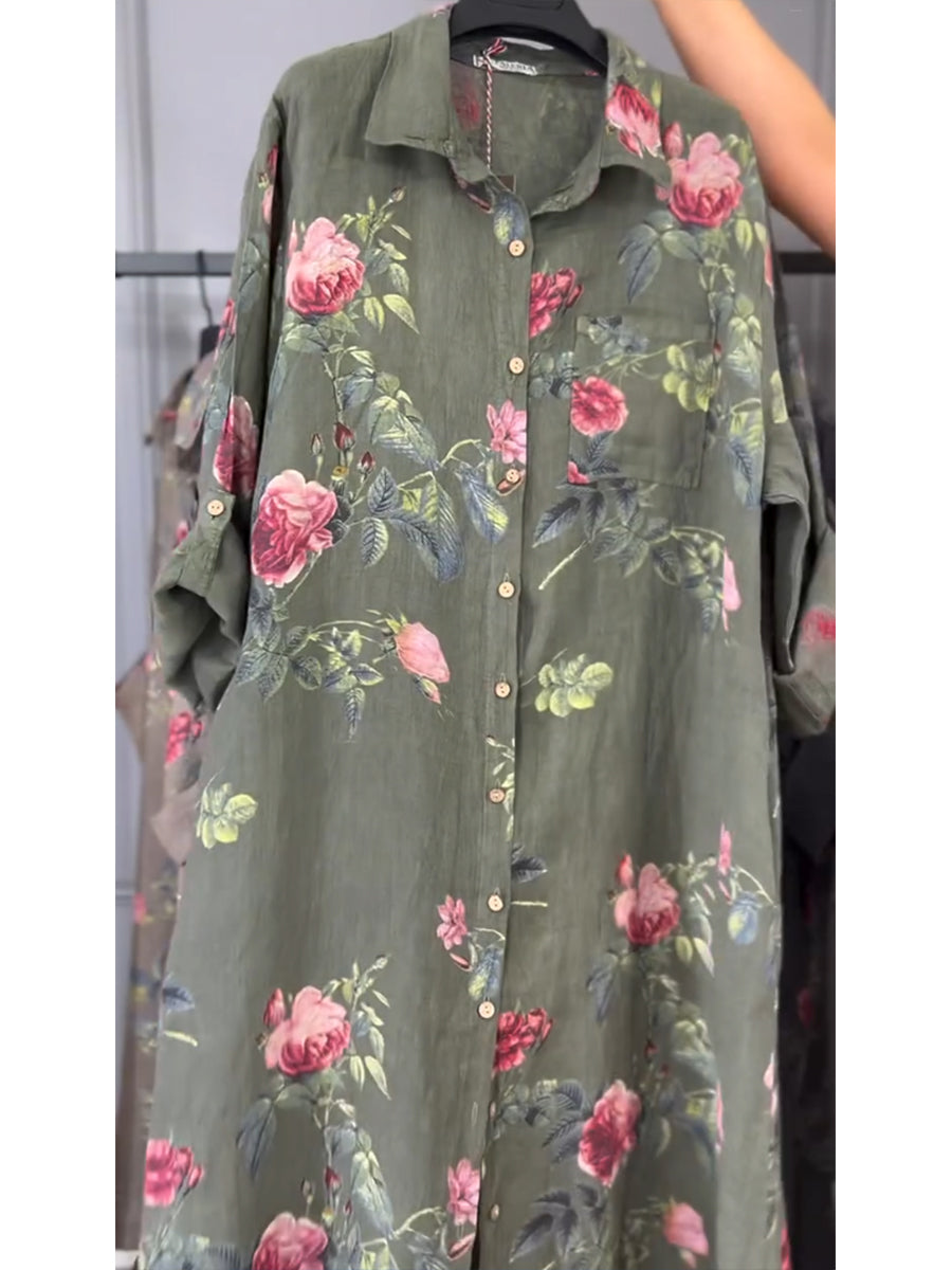 Floral Print Cotton & Linen Shirt Dress