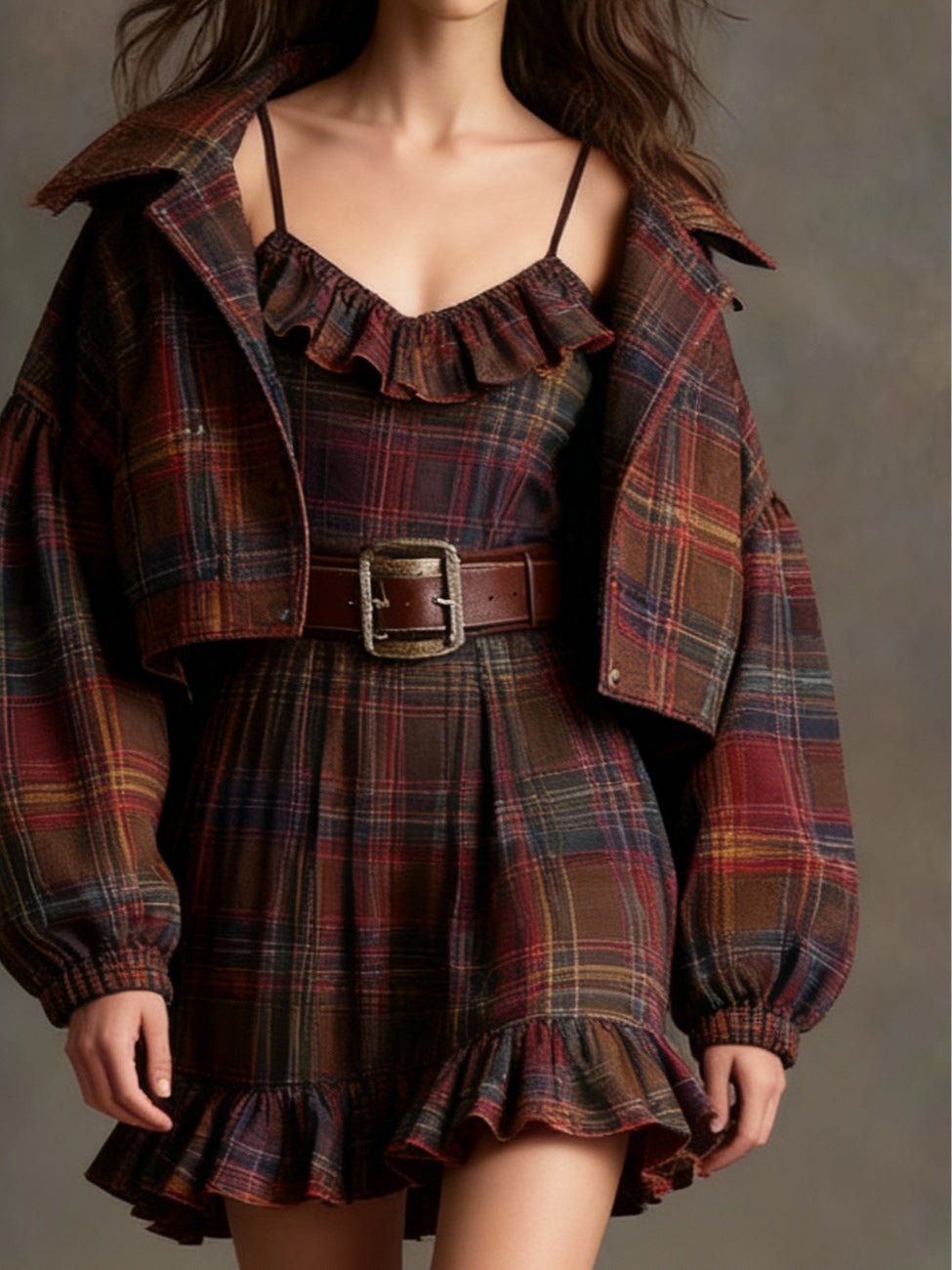 Vintage Plaid Ruffle Mini Dress and Loose Jacket Set