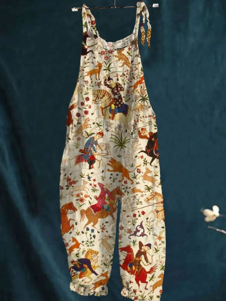 Vintage Horse Riding Pattern Art Print Casual Wide-Leg Jumpsuit