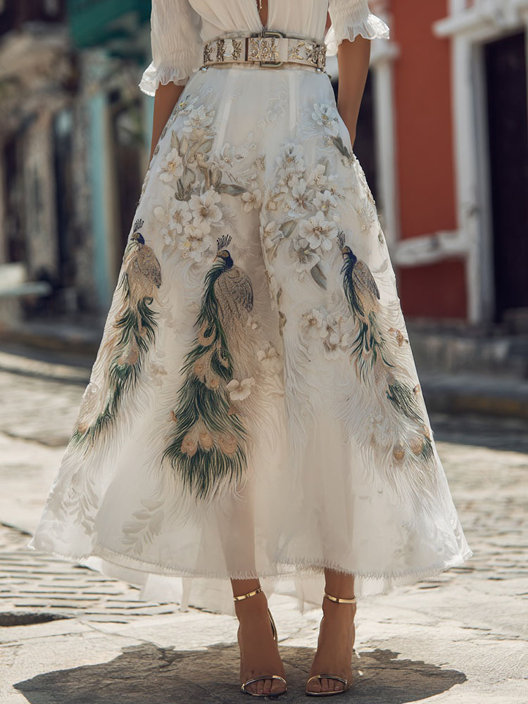 Retro Floral With Peacock Art Linen Blend Casual Maxi Skirt