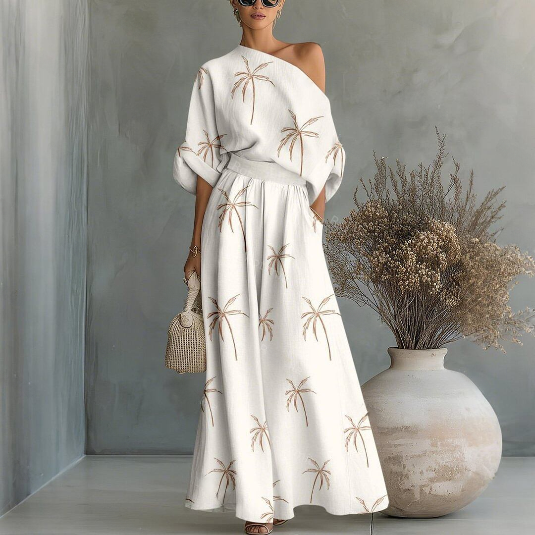 Palm Tree Print Cropped Top& Pants Two-Piece Set