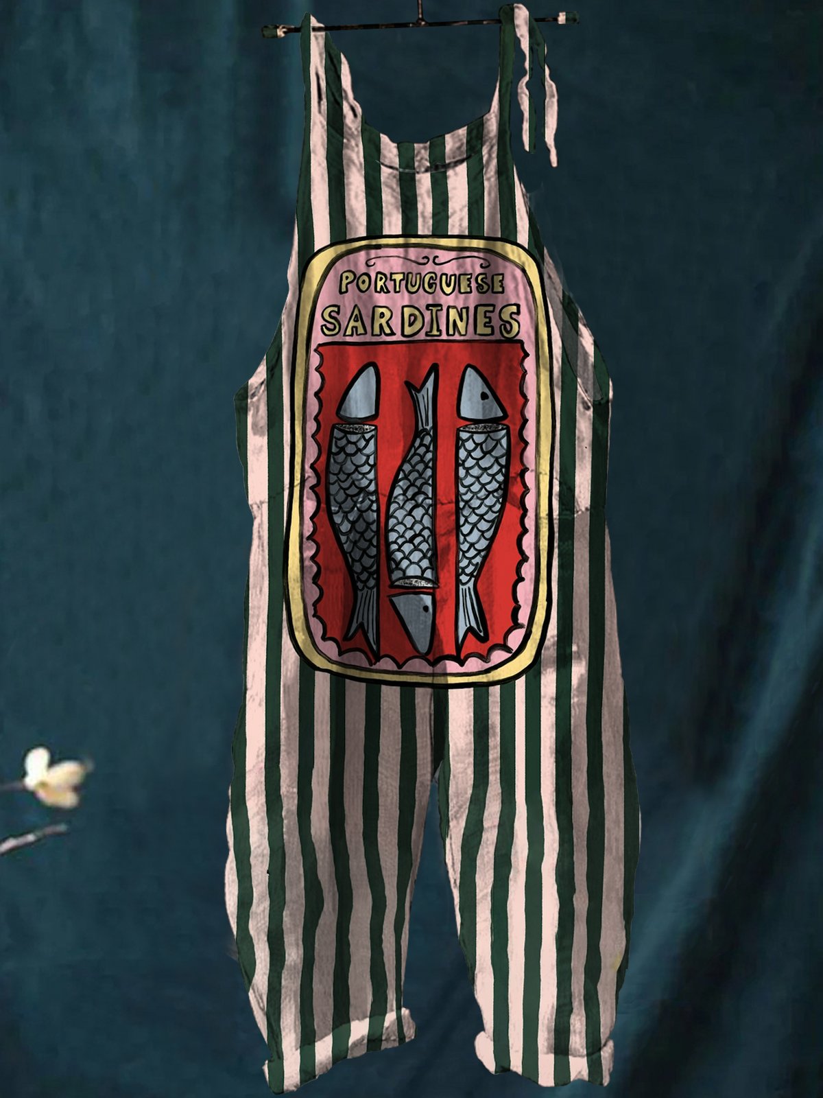 Canned Sardines with Pink & Green Lines Print Casual Wide-Leg Jumpsuit
