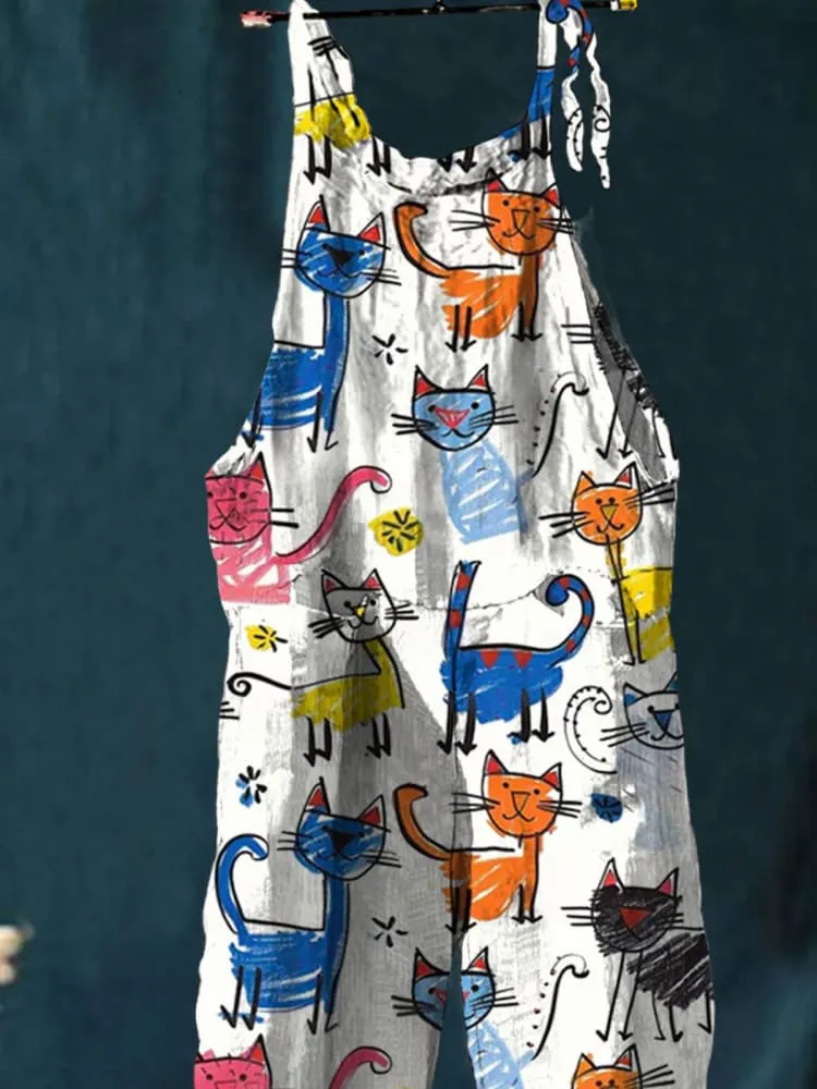 Funny Kid Drawing Cat Art Print Colorful Art Casual Wide-Leg Jumpsuit