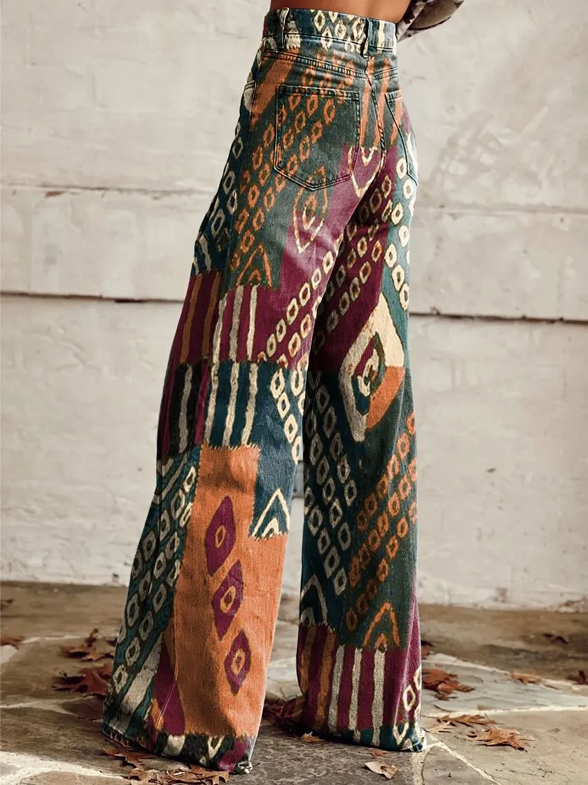 Vintage Lrregular Texture Contrasting Print Casual Wide-Leg Pants