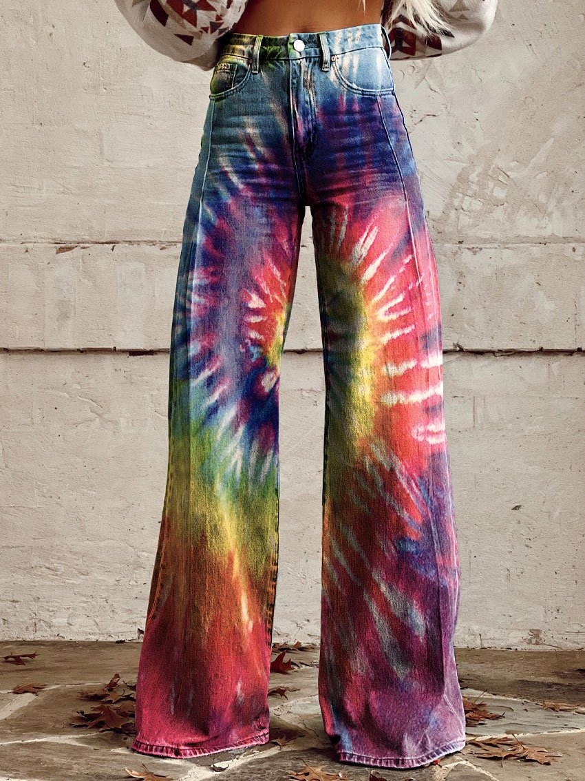 Vintage Print Casual Wide-Leg Pants