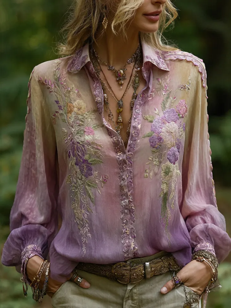Vintage Purple Lavender And Floral Embroidered Button Shirt