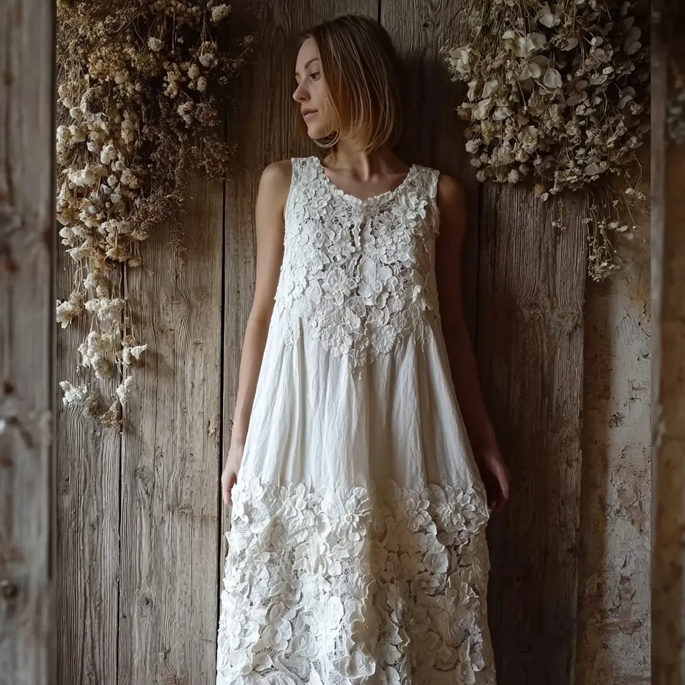 Vintage Floral Lace Embroidered Comfy Linen Maxi Dress