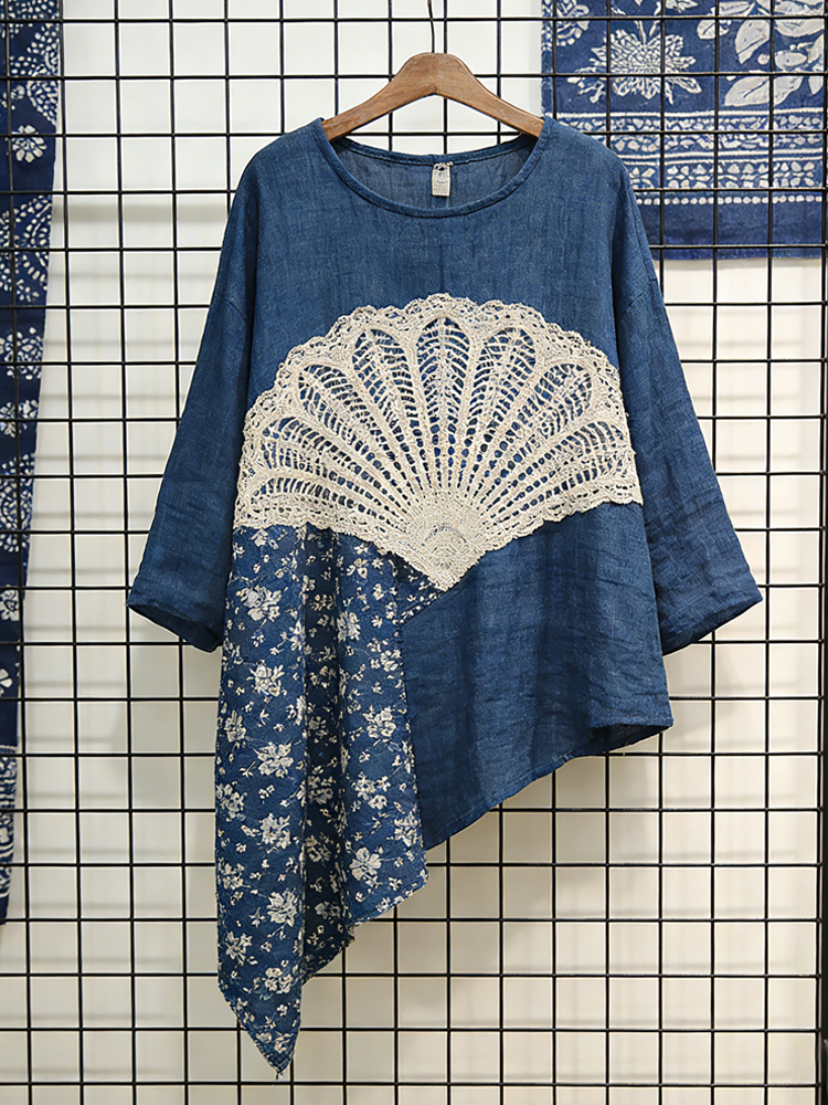 Vintage Lace Patchwork Floral Linen Women's Irregular Shirt