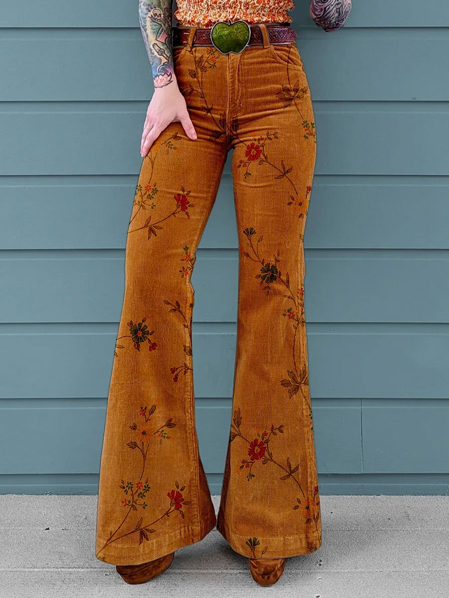 Vintage Flower Print Mid Waist Buttoned Hem Bootcut Jeans Without Belt