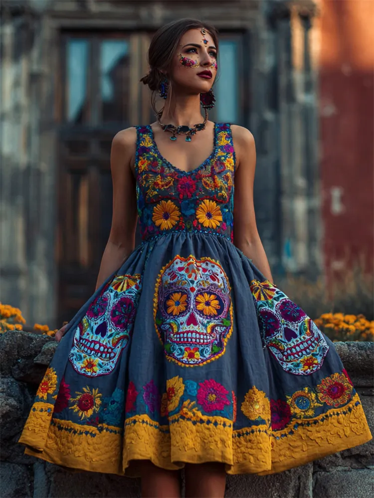 Day Of The Dead Sugar Skulls Marigolds Floral Evening Dress