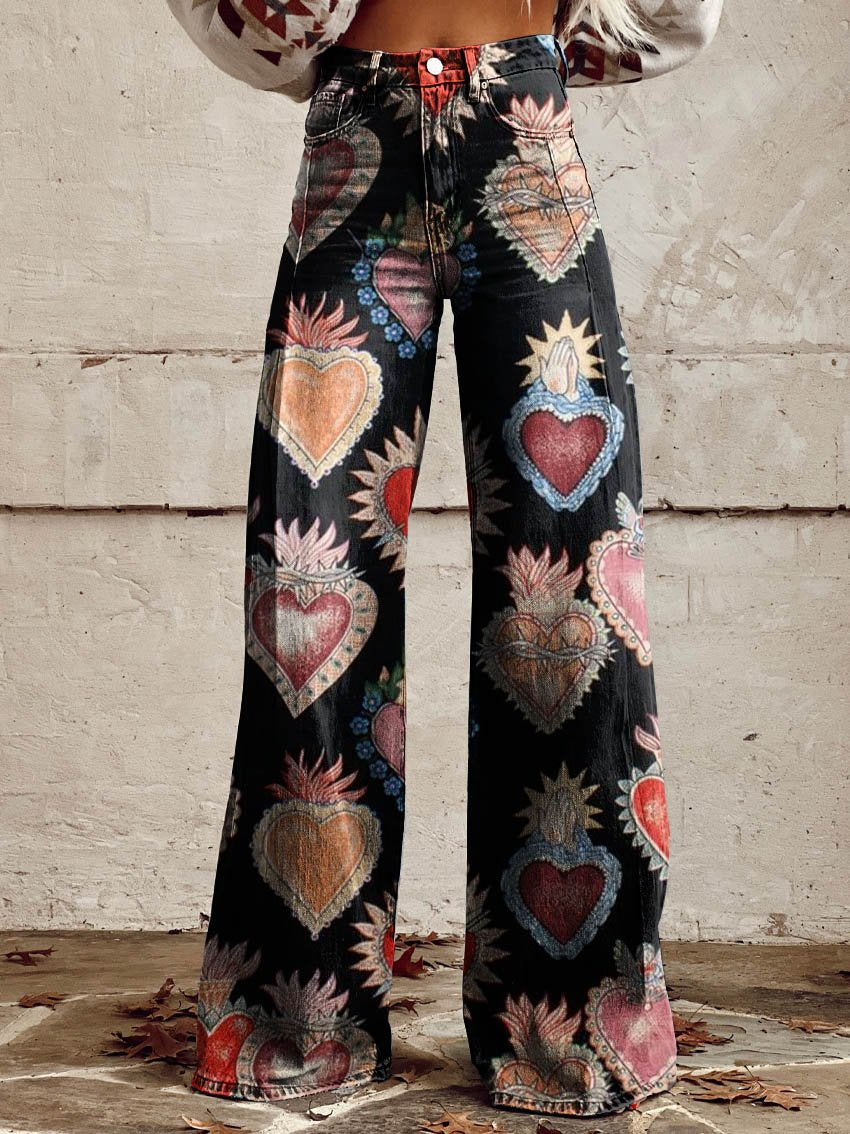 Black Heart Print Casual Wide-Leg Pants