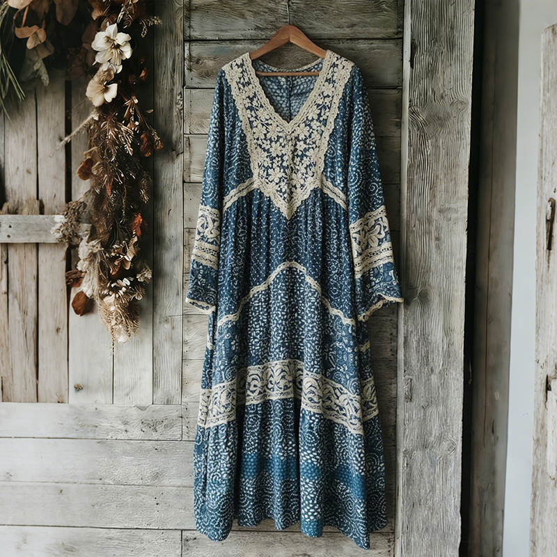 Vintage Japanese Traditional Sashiko With Lace Art Pattern Linen Blend Maxi Dress