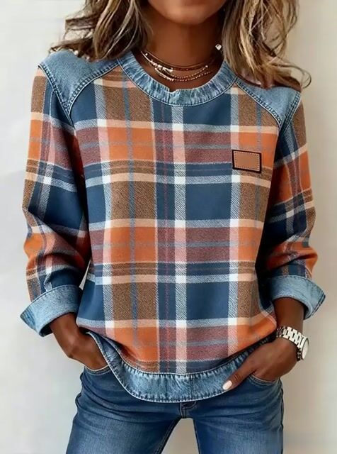 Casual Round Neck Denim Patchwork Plaid Print Pullover Sweatshirt