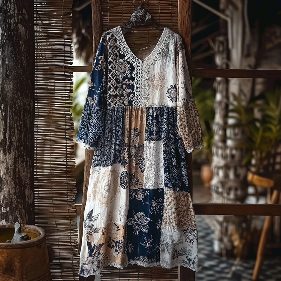 Japanese Art Retro Style Geometric Patchwork Design Lace Patch Women's Cotton & Linen Dress