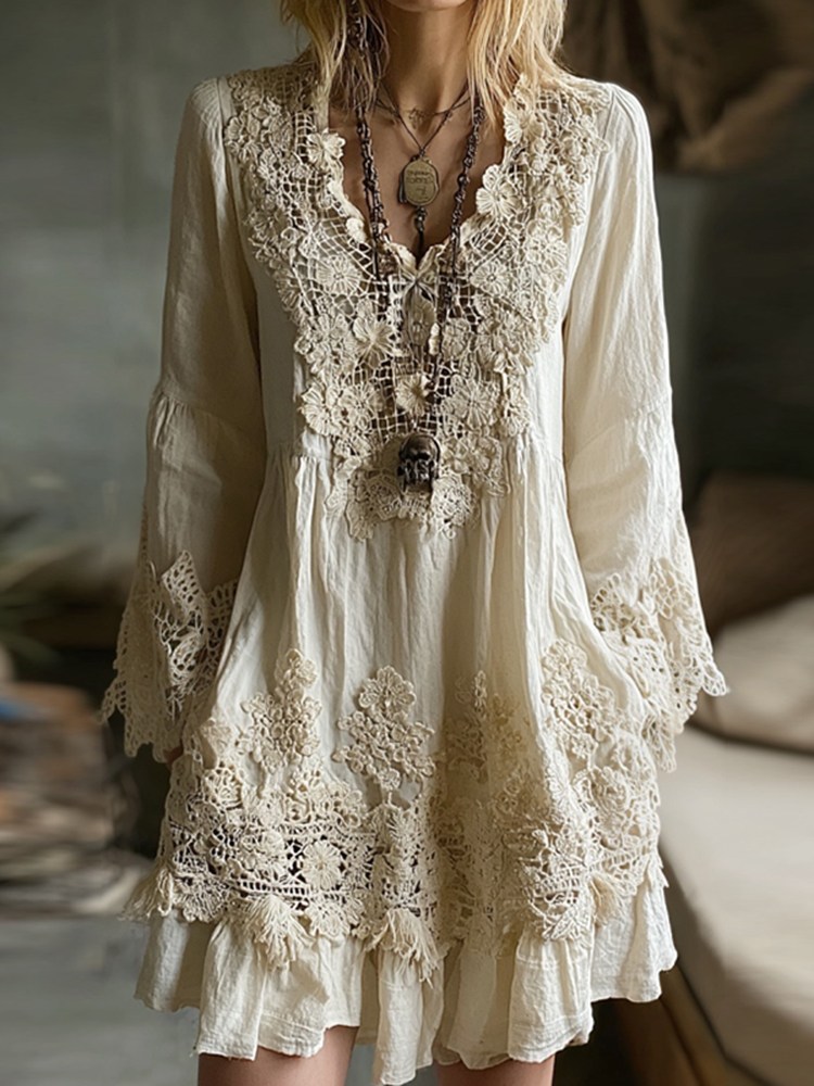Women's Vintage Lace Floral Art Midi Dress