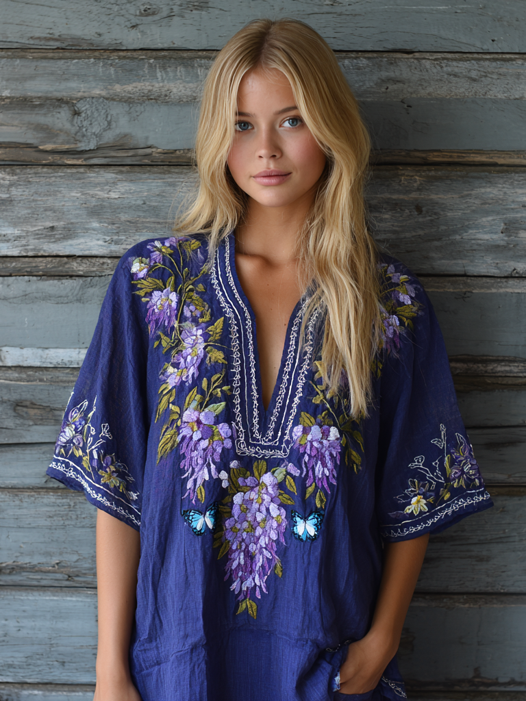 Women's Lavender Butterfly Embroidery V-neck Shirt