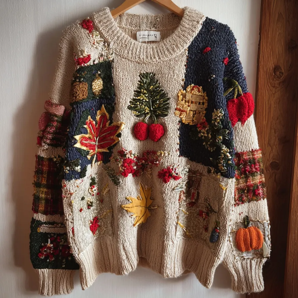 Thanksgiving Plant Flower Splicing Autumn/winter Round Neck Sweater