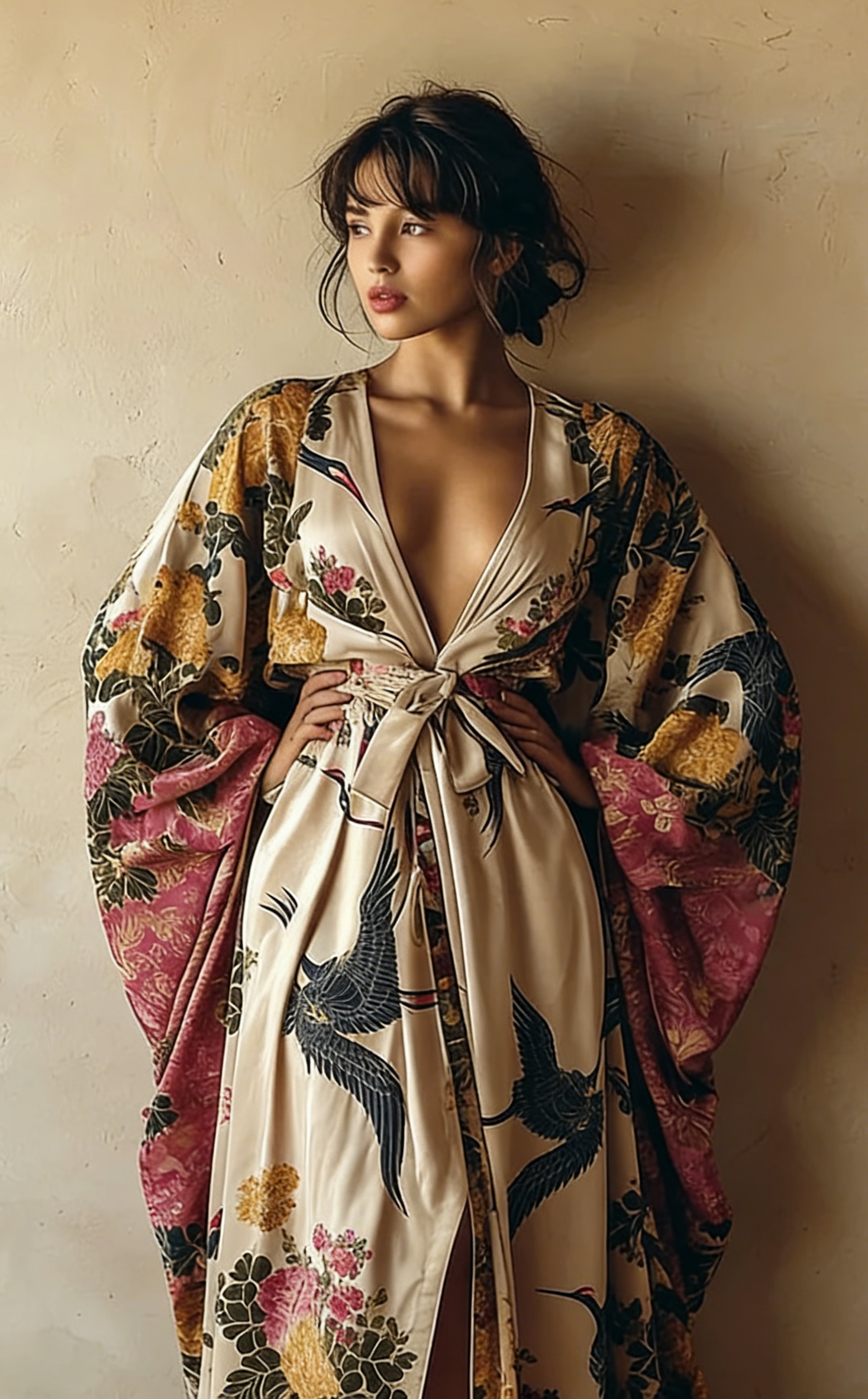 Women's Elegant Vintage Crane Art Print Robe