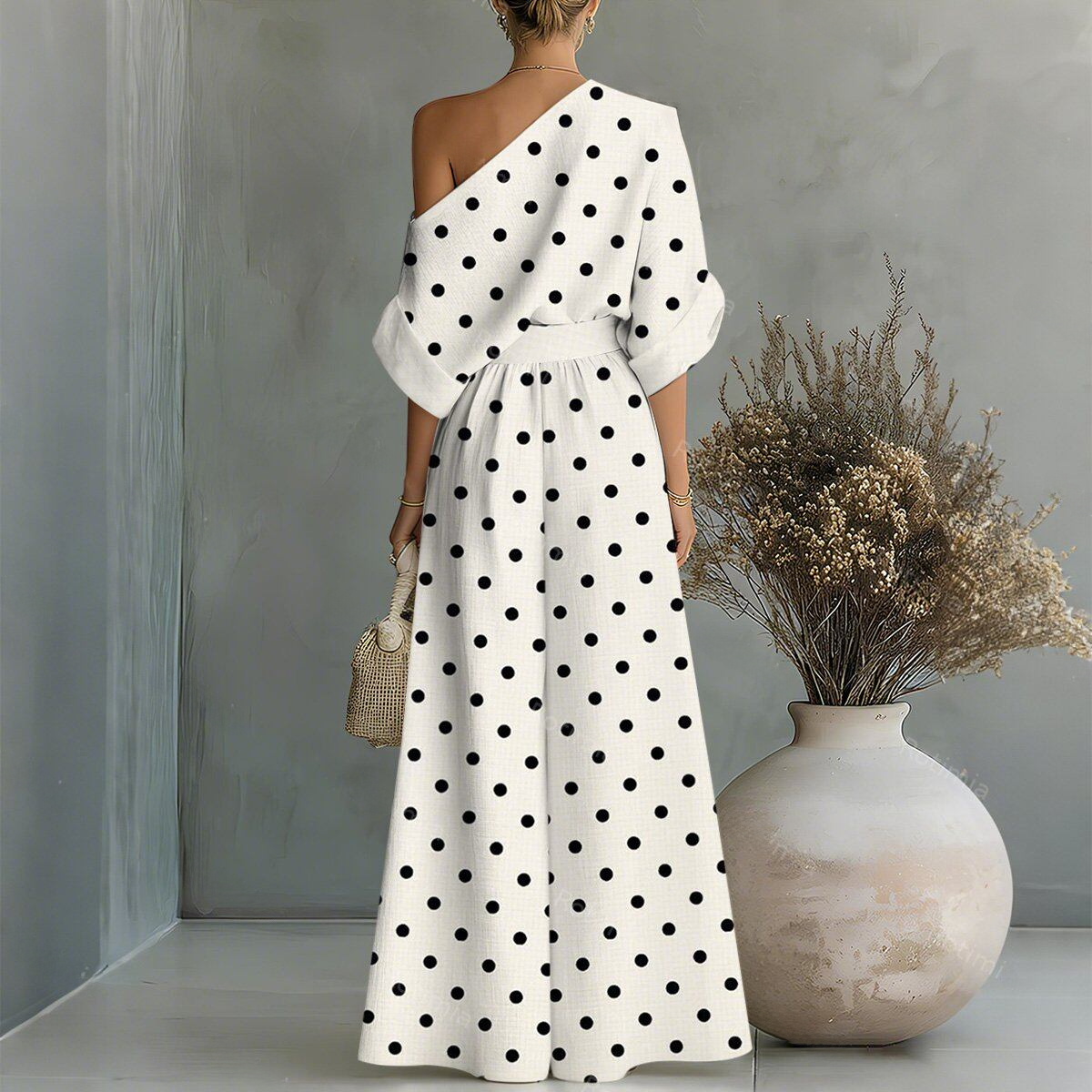 Simple Polo Dot Print Shoulder Top& Pants Two-Piece Set