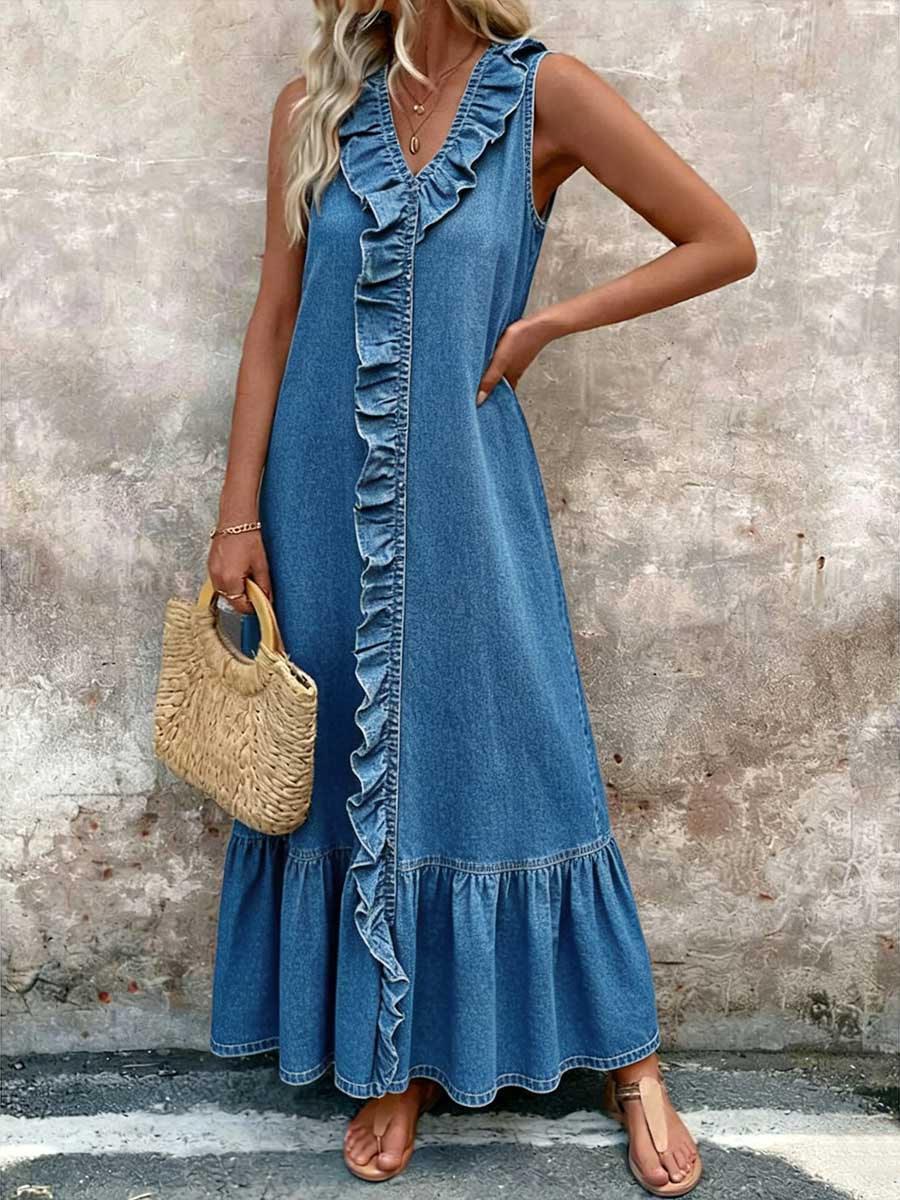 Ruffled V-neck Sleeveless Loose-fitting Denim Dress