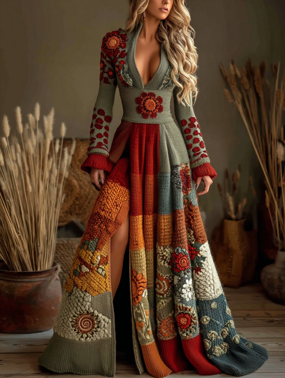Vintage Floral Crochet Colorblock Cozy Maxi Sweater Dress