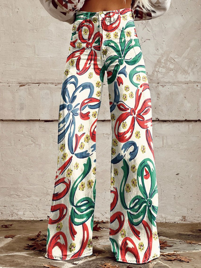 Vintage Stamens Print Casual Wide-Leg Pants