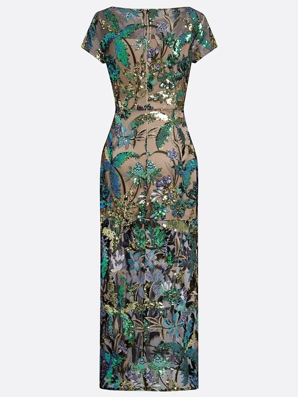 Green Glitter Boat Neck Short-Sleeve Sheath Maxi Dress