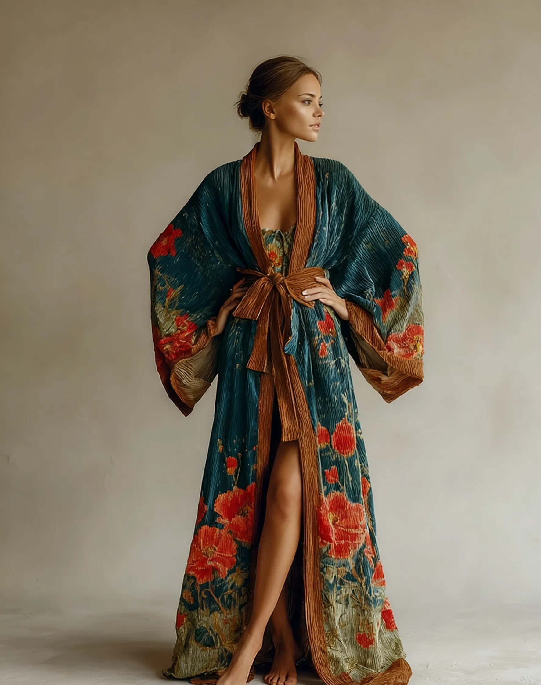 Abstract  Art Print Kimono Long Gown Autumn and Winter Robe With Belt
