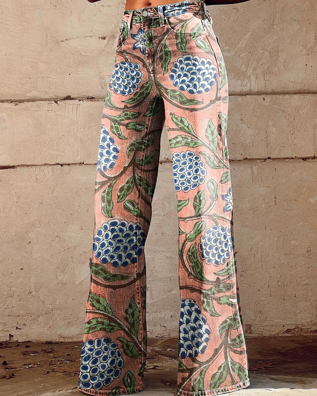 Vintage Floral Print Casual Wide-Leg Pants