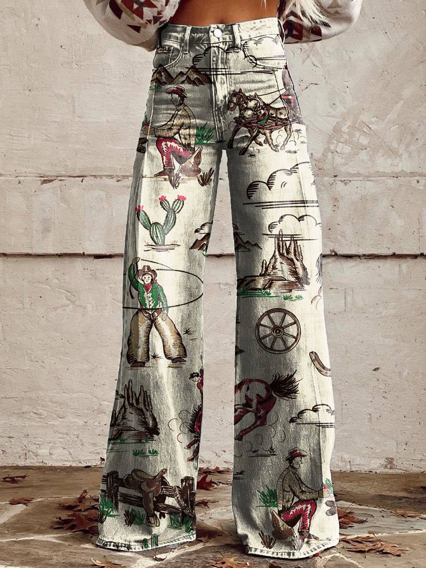 Retro Horse Print Casual Wide-Leg Pants