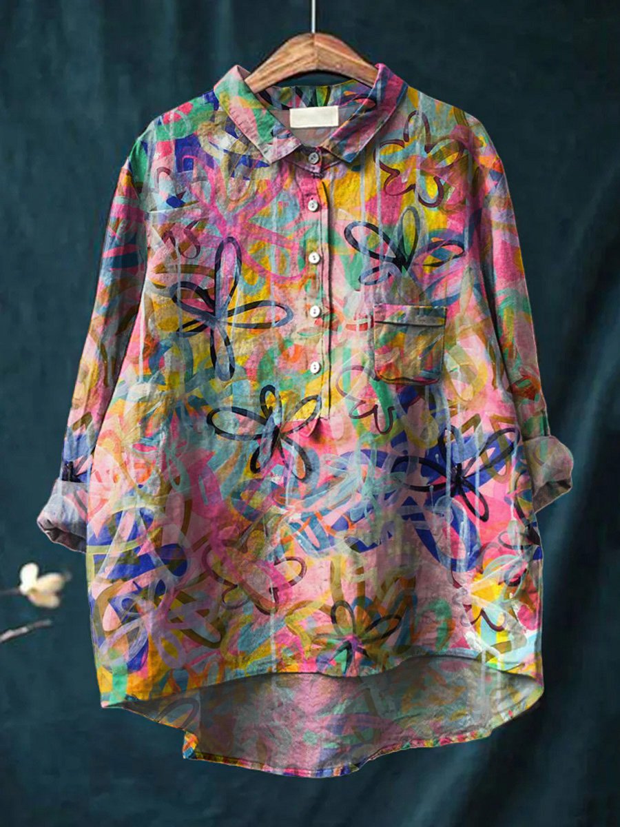 Graffiti Style Meadows Floral Printed Women's Casual Cotton & Linen Shirt