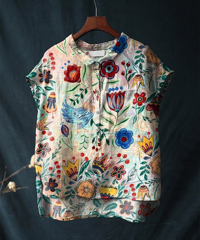 Vintage Floral Animal Print Short Sleeve Cotton & Linen Shirt
