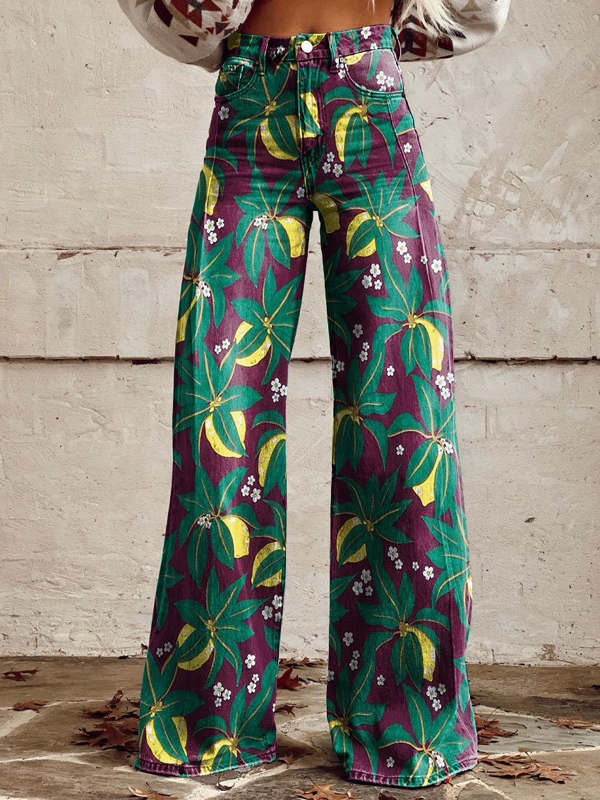 Vintage Stamen Print Casual Wide-Leg Pants