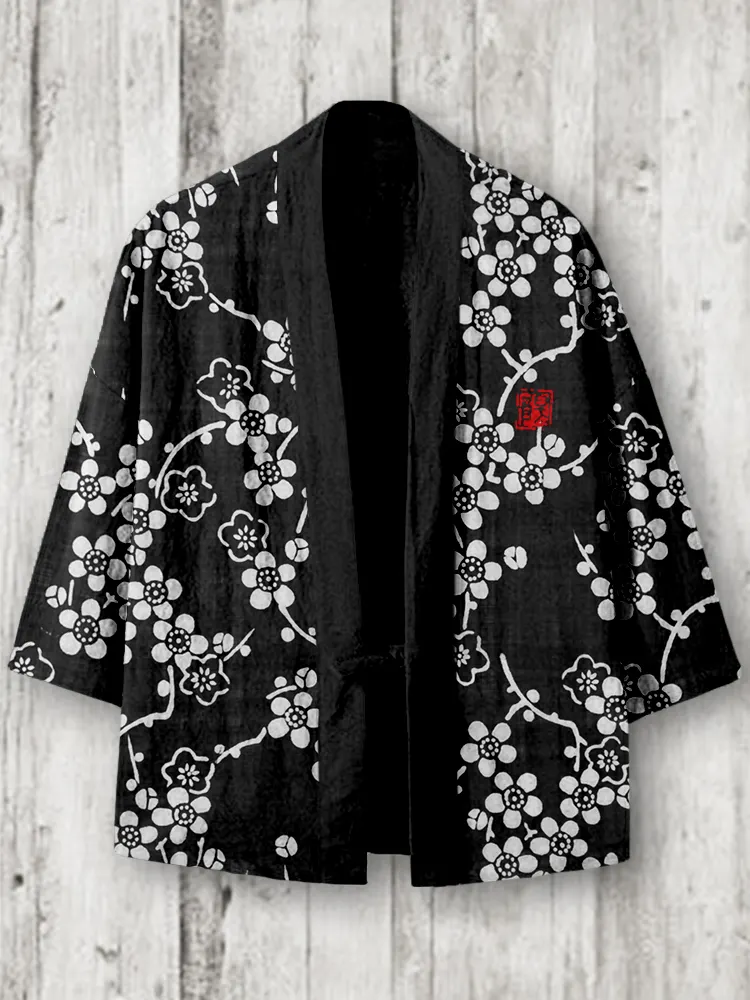 Vintage Japanese Plum Blossom Art Linen Blend Kimono Cardigan