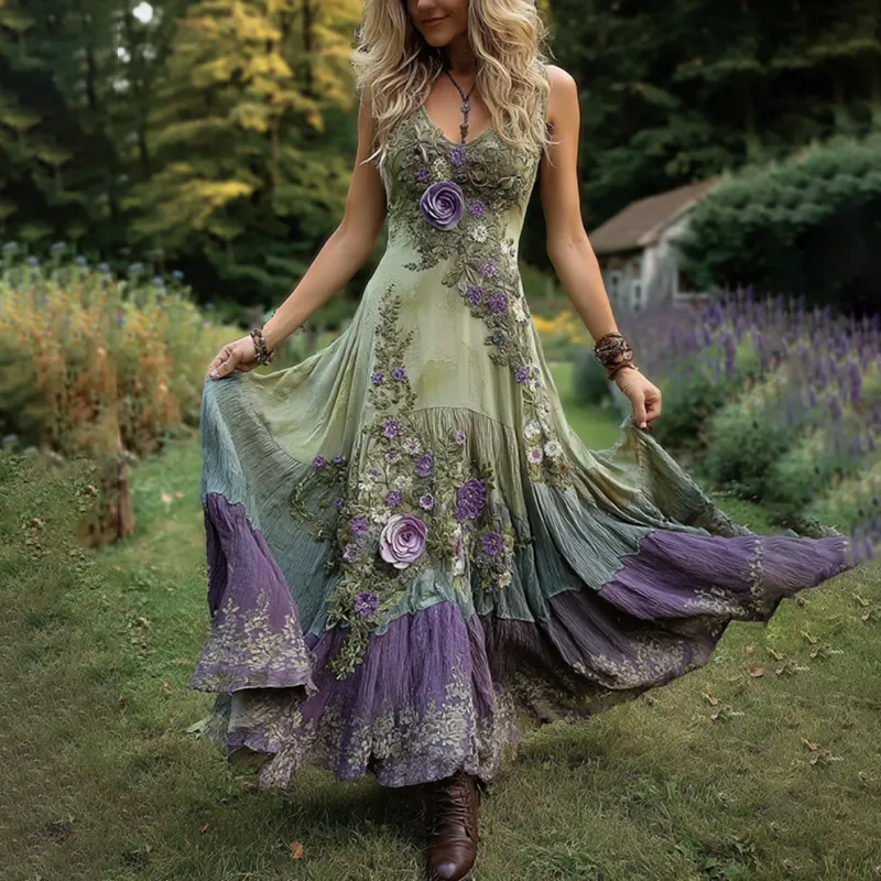 Classy Gradient Purple Lavender And Floral Embroidered Maxi Dress