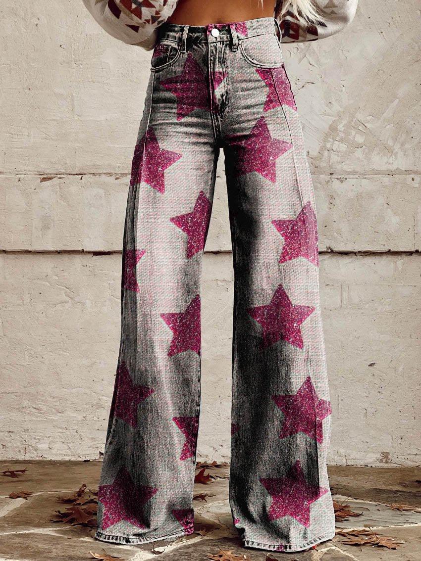 White Pink Star Print Casual Wide-Leg Pants