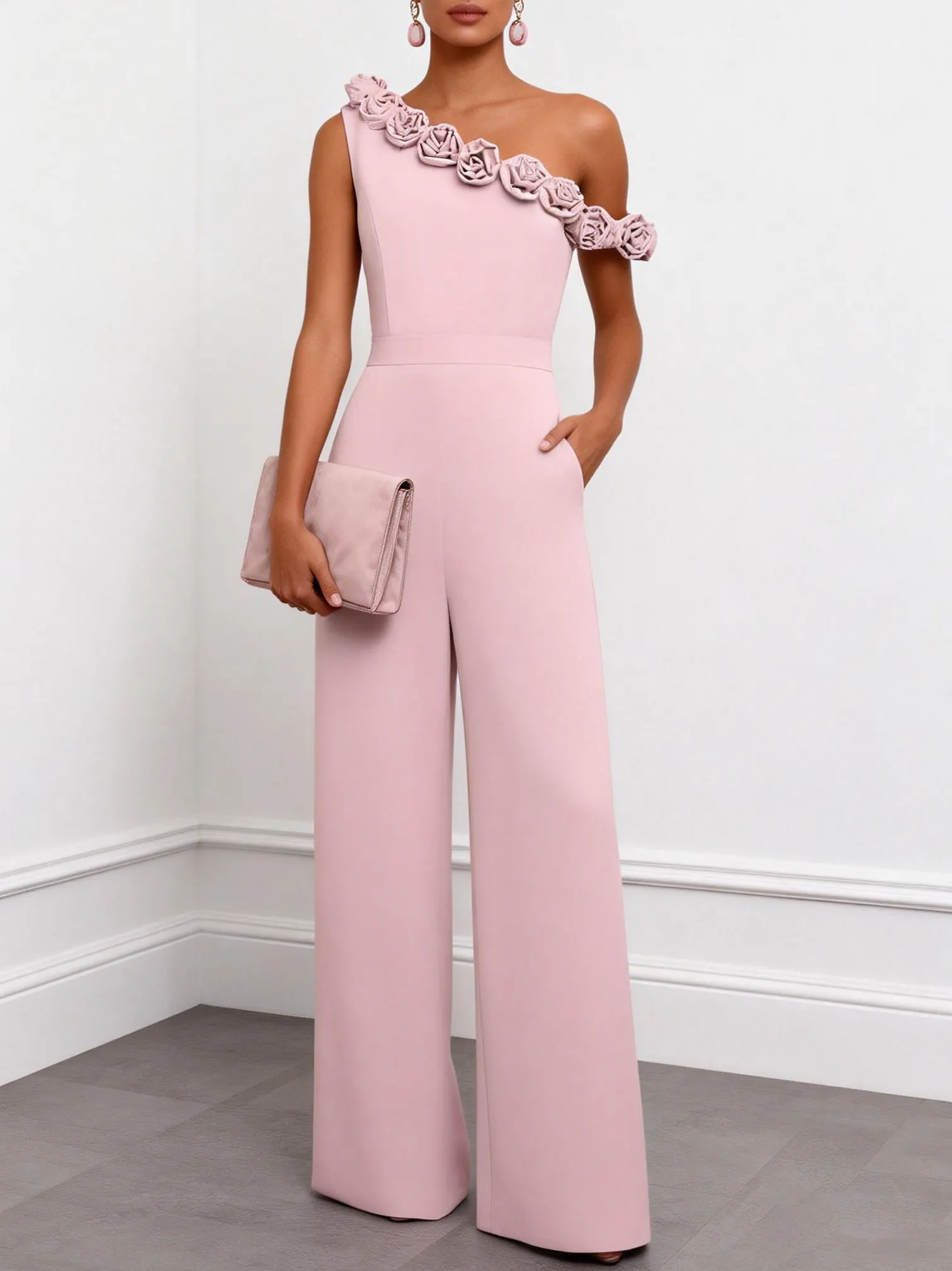 Pink 3D Floral One-Shoulder Sleeveless Dressy Jumpsuit