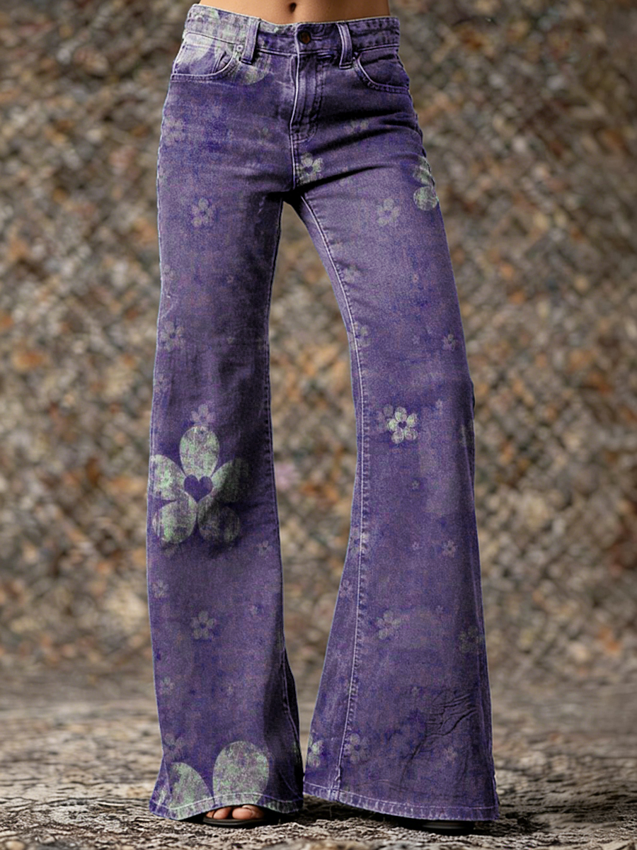 Vintage Purple Cute Heart Floral Art Printed Casual Slim Denim Wide Leg Pants