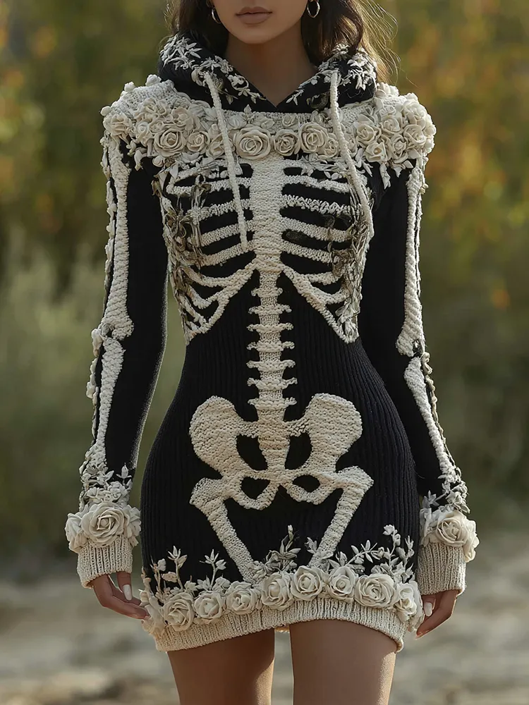 Women's  Halloween Skeleton Bones With Roses Art Cozy Knit Hooded Sweater Dress