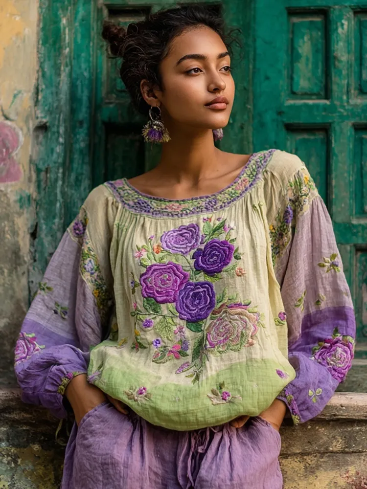 Ethnic Boho Floral Embroidery Women's Linen Loose Shirt