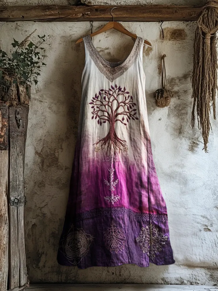 Vintage Tree Of Life Gradient Women's Linen Vest Dress