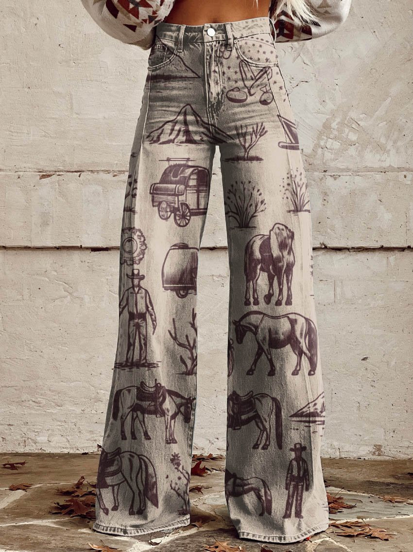 Cowboy Theme Print Casual Wide-Leg Pants