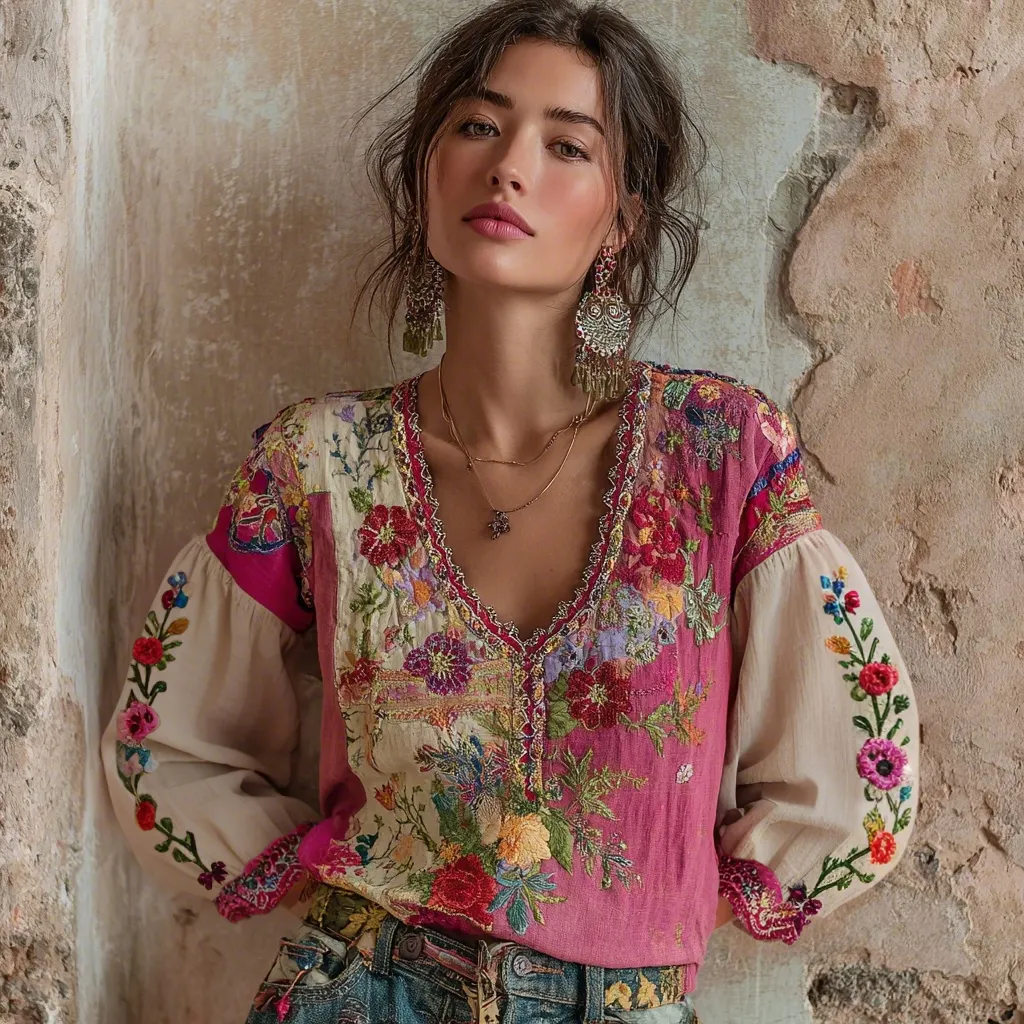 Women's Bohemian Floral Embroidery Art V-neck Contrast Color Long Sleeve Linen Blend T-shirt